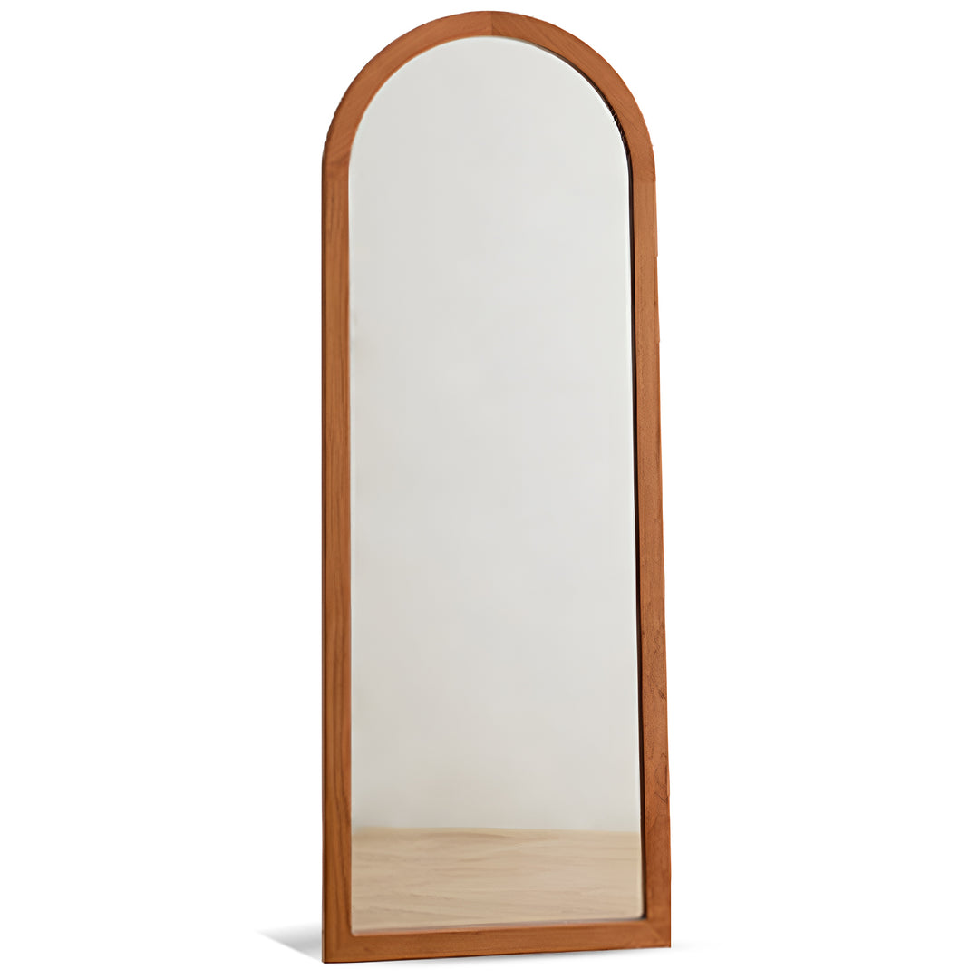 Scandinavian cherry wood wall hanging dressing mirror spacetime in white background.