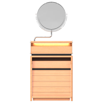 Scandinavian cherry wood dressing table mirror lake in white background.