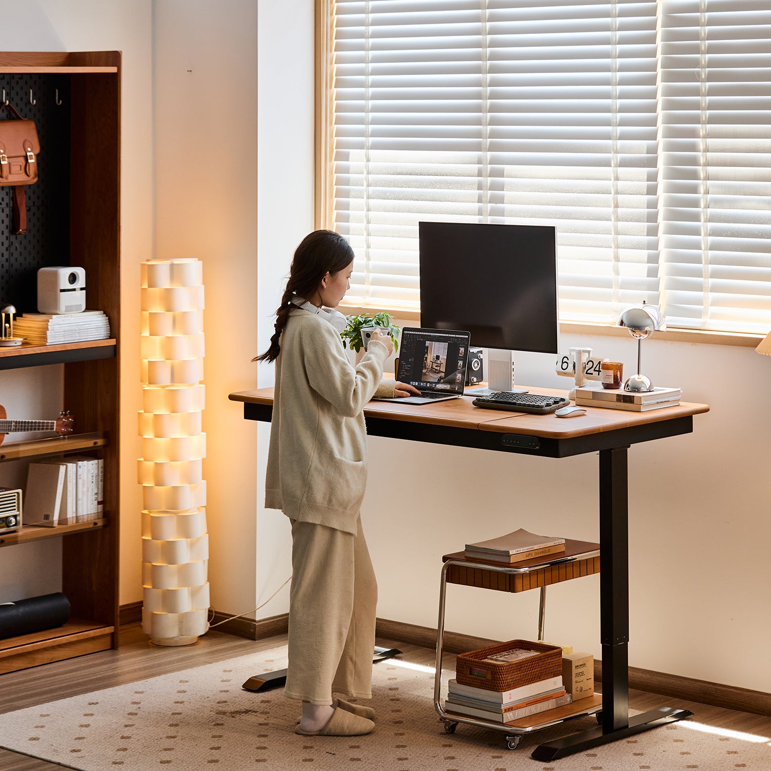 Study Table With Timer Scandinavian Cherry Wood Electric Height Adjustable Study Table KAZAMA ...
