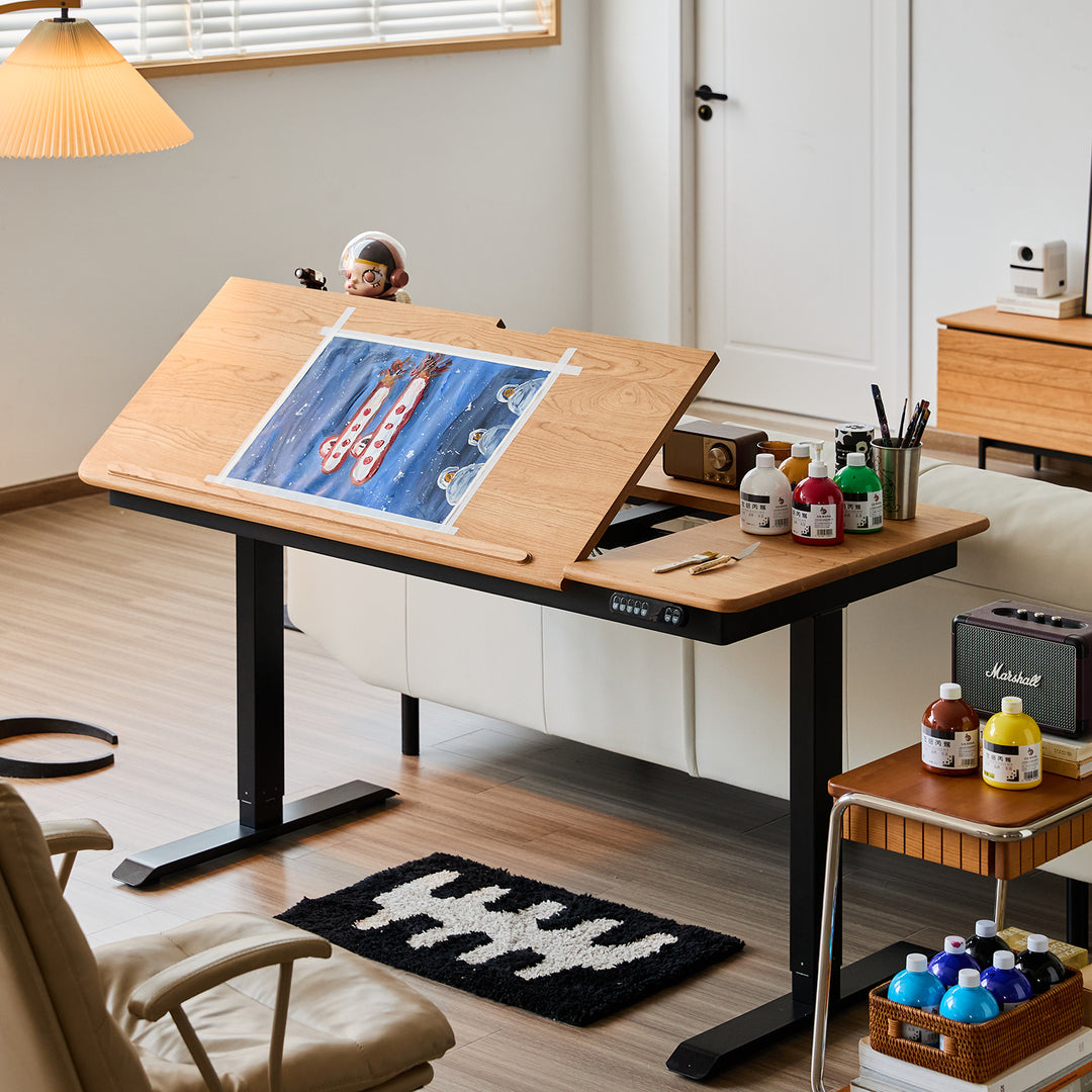 Scandinavian cherry wood electric height adjustable study table kazama primary product view.