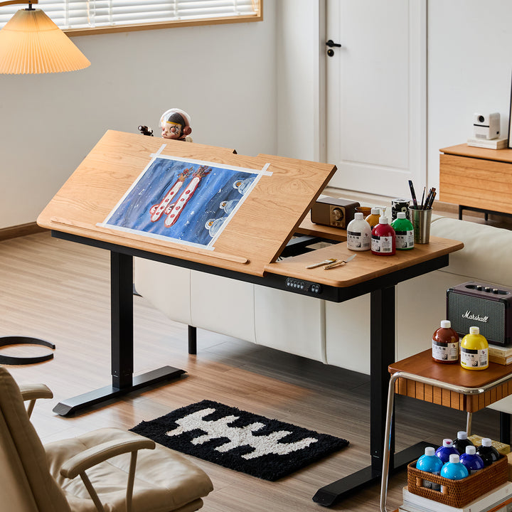Scandinavian cherry wood electric height adjustable study table kazama primary product view.