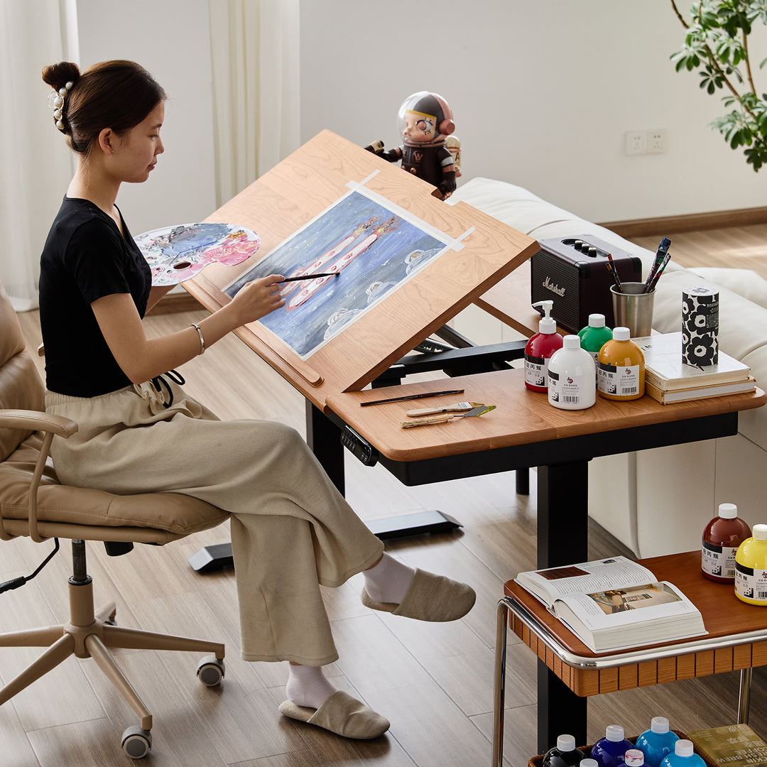 Scandinavian cherry wood electric height adjustable study table kazama in details.