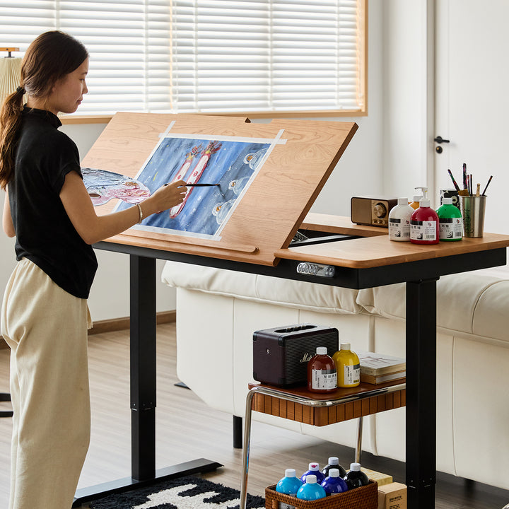 Scandinavian cherry wood electric height adjustable study table kazama in panoramic view.