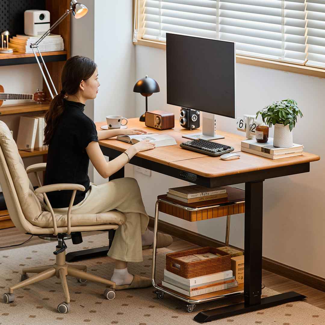Scandinavian cherry wood electric height adjustable study table kazama conceptual design.