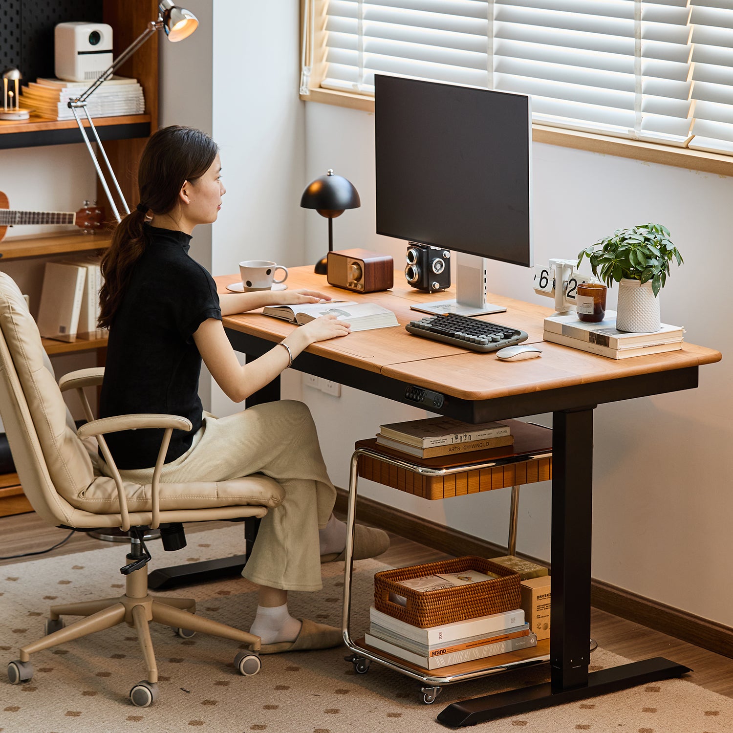 Study Table With Timer Scandinavian Cherry Wood Electric Height Adjustable Study Table KAZAMA ...