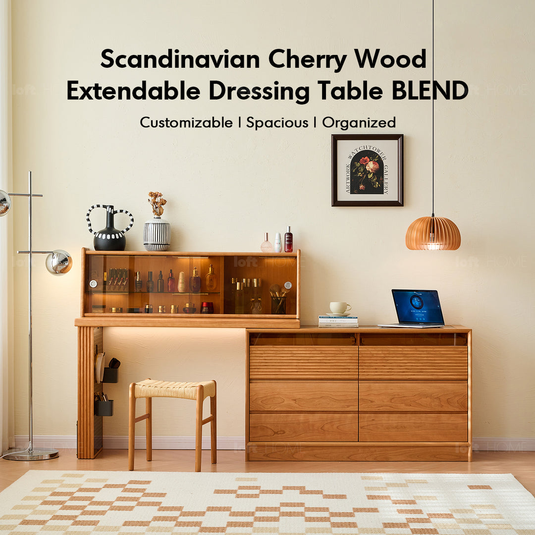 Scandinavian cherry wood extendable dressing table blend in close up details.