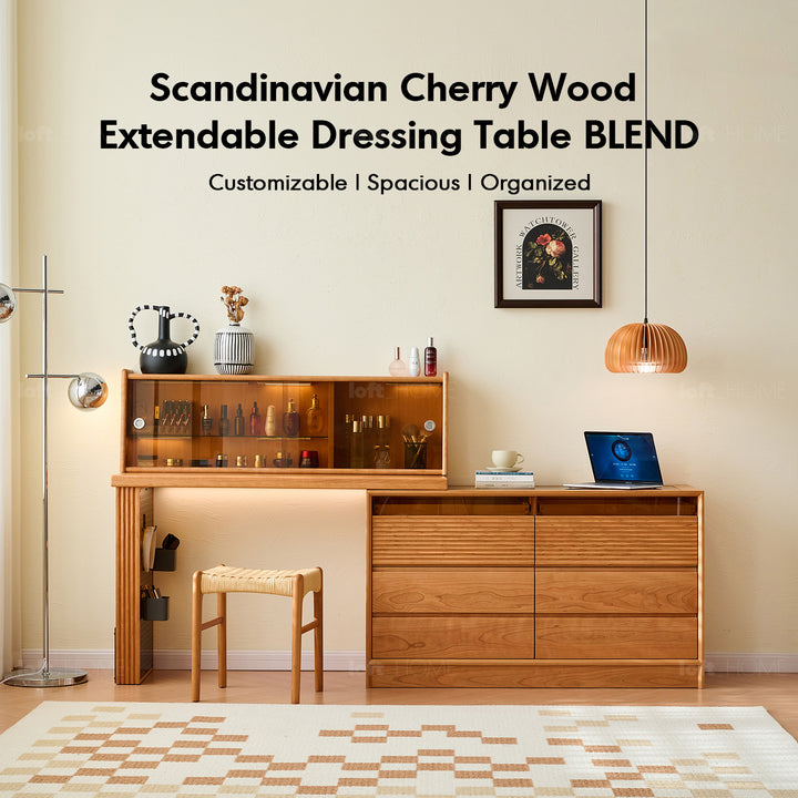 Scandinavian cherry wood extendable dressing table blend in close up details.