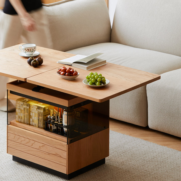 Scandinavian cherry wood extendable height adjustable coffee table mirror lake in still life.