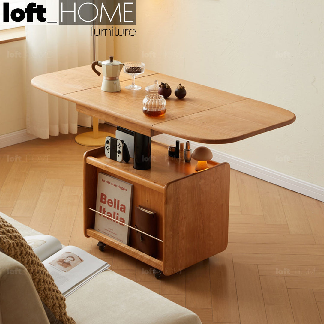 Scandinavian cherry wood extendable height adjustable coffee table putty primary product view.