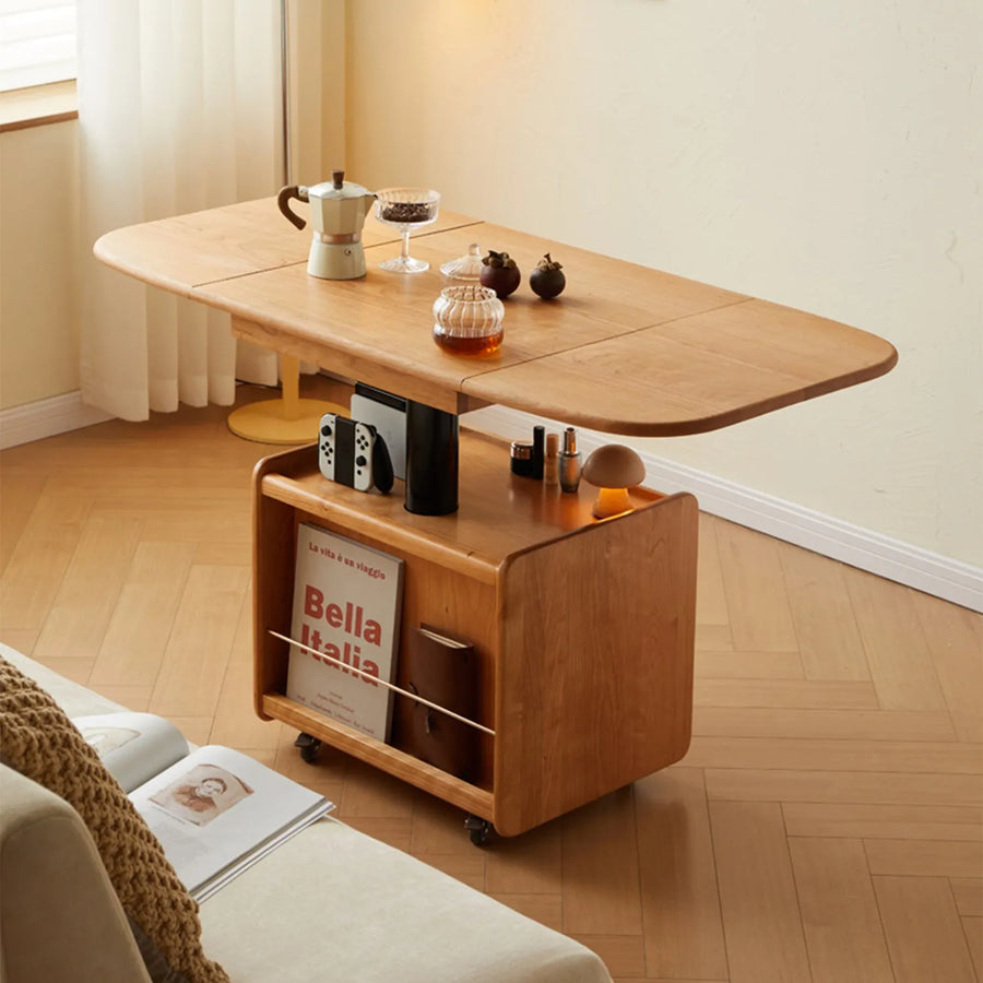 Scandinavian cherry wood extendable height adjustable coffee table putty primary product view.