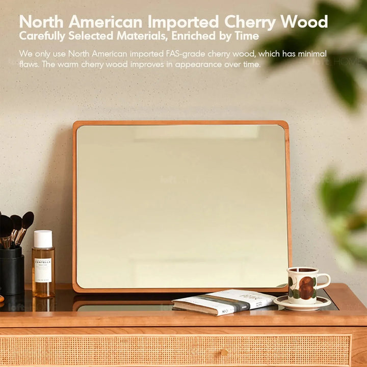 Scandinavian cherry wood frame dressing mirror tenno in close up details.