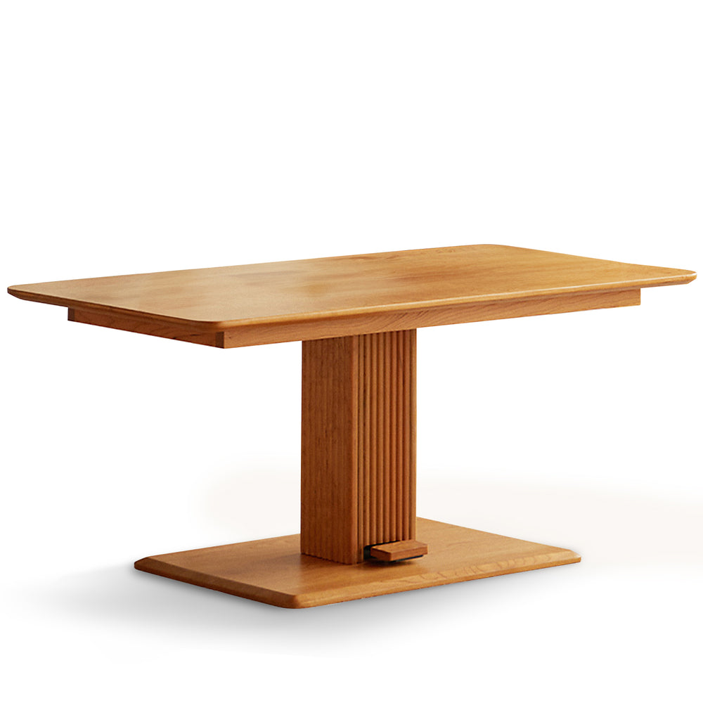 Scandinavian cherry wood height adjustable coffee table elevate in white background.