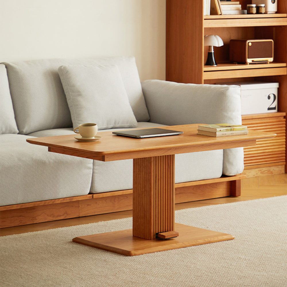 Scandinavian cherry wood height adjustable coffee table elevate primary product view.