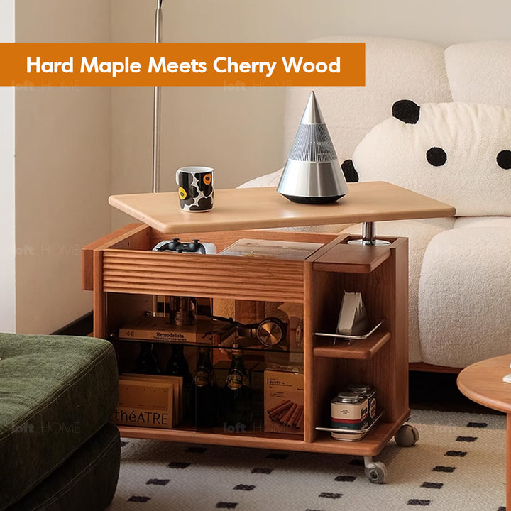 Scandinavian cherry wood height adjustable coffee table loco detail 8.