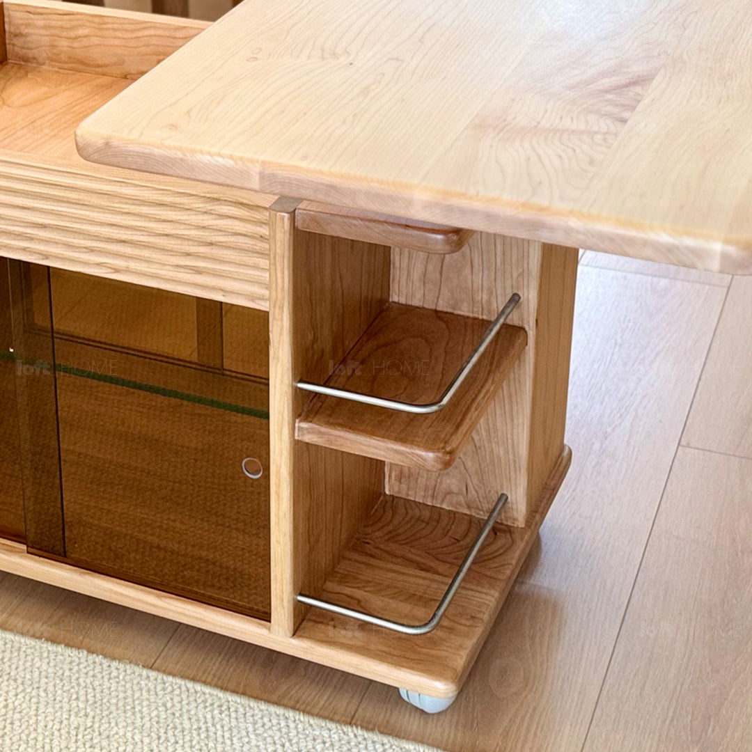 Scandinavian cherry wood height adjustable coffee table loco detail 12.