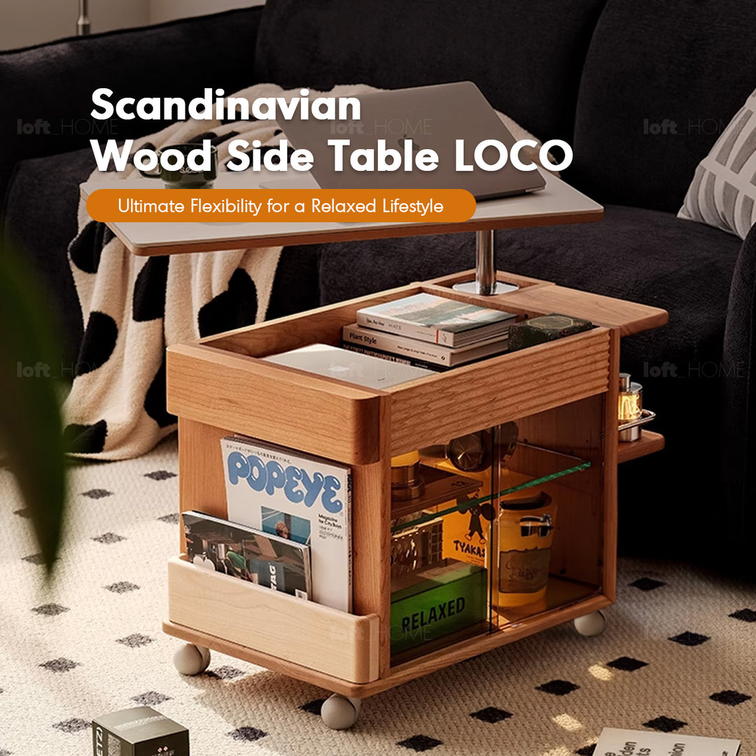 Scandinavian cherry wood height adjustable coffee table loco material variants.