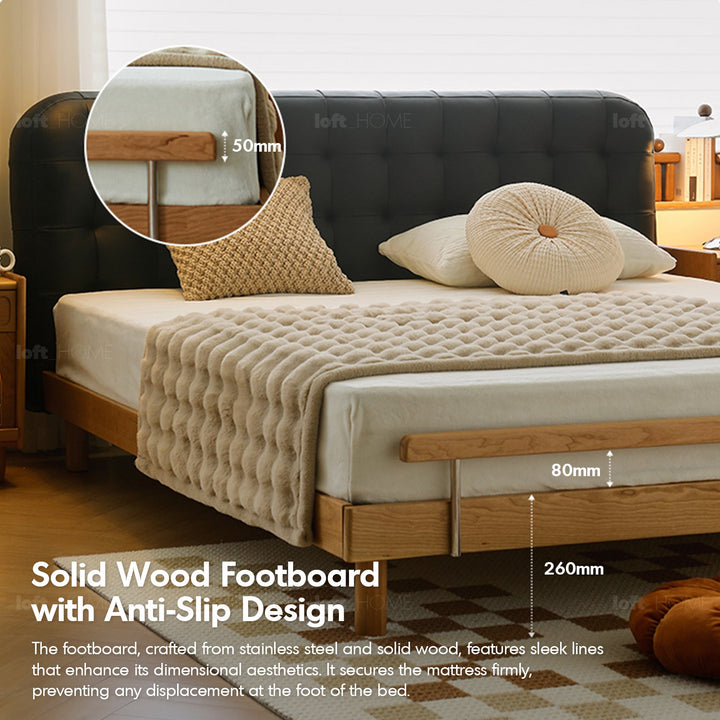 Scandinavian cherry wood leather bed skyline layered structure.