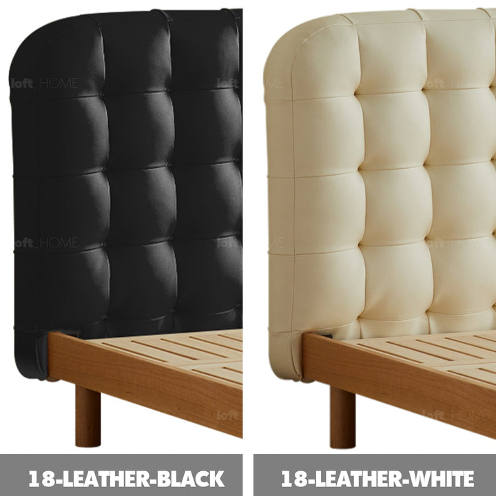 Scandinavian cherry wood leather bed skyline color swatches.