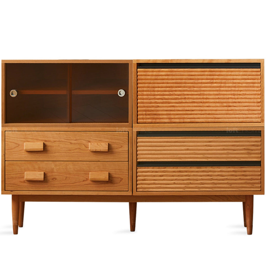 Scandinavian cherry wood modular drawer cabinet vers in white background.