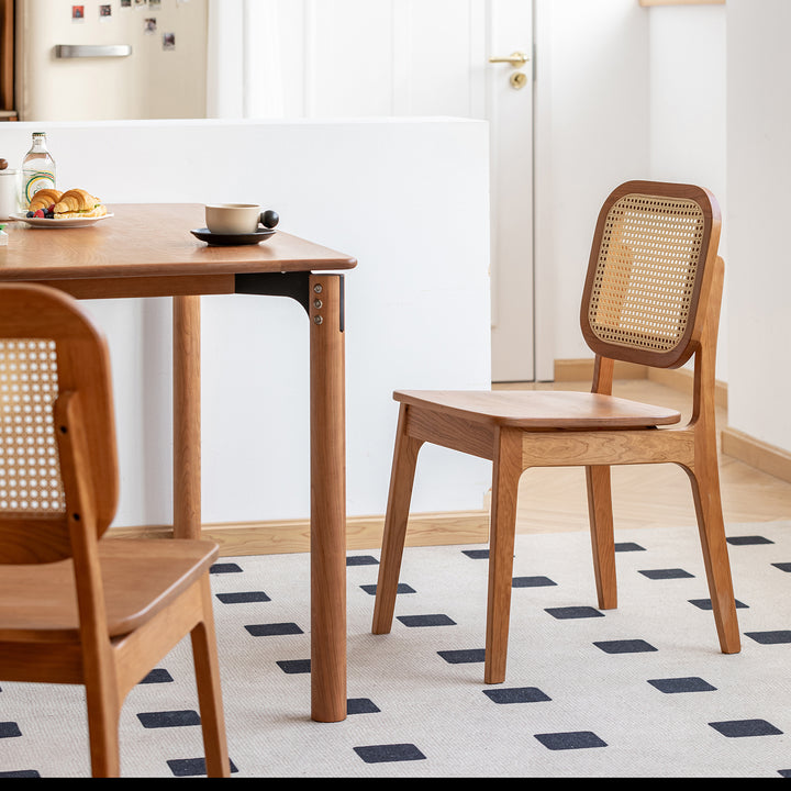 Scandinavian cherry wood rattan dining chair nook color swatches.