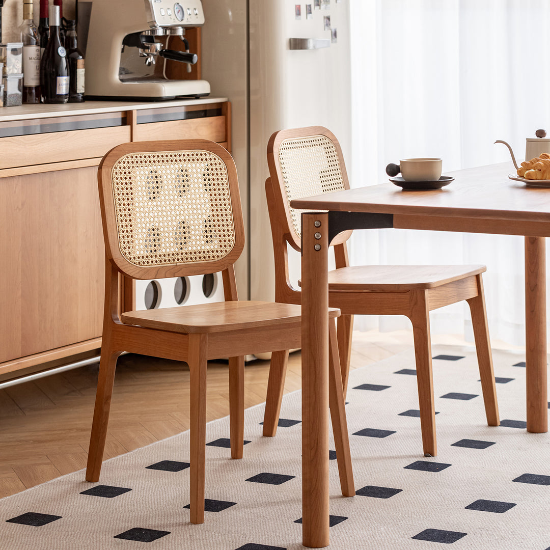 Scandinavian cherry wood rattan dining chair nook material variants.