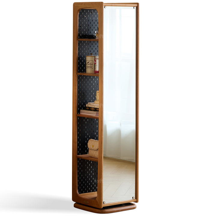 Scandinavian cherry wood revolving bookshelf with mirror moonlight in white background.