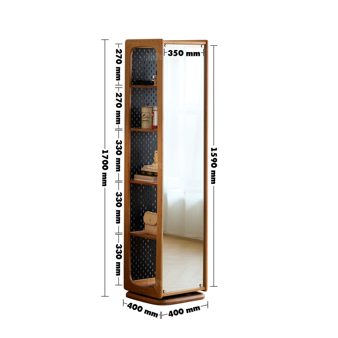 Scandinavian cherry wood revolving bookshelf with mirror moonlight size charts.