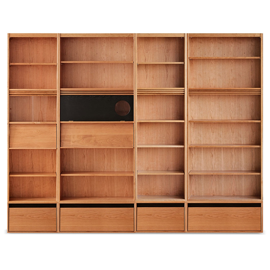 Scandinavian cherry wood shelf bookshelf achiever in white background.