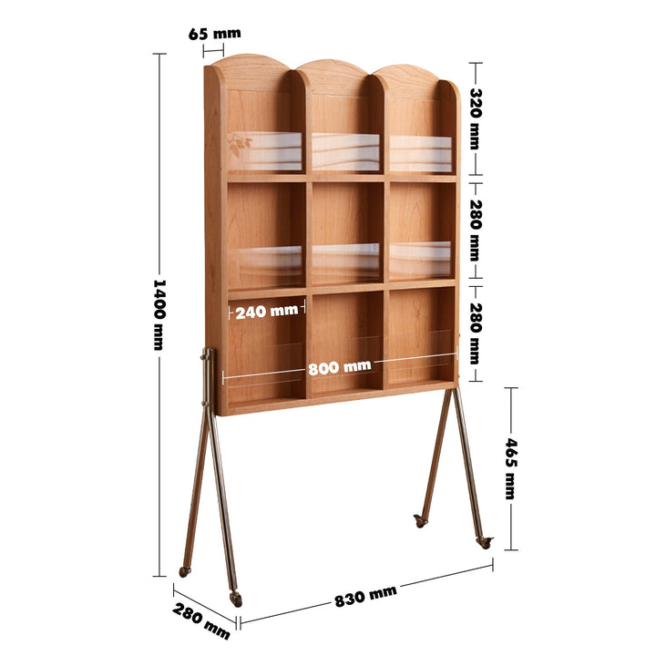 Scandinavian cherry wood shelf bookshelf gridlock size charts.