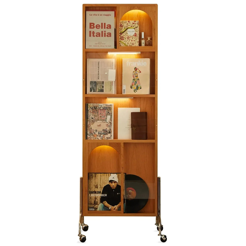 Scandinavian cherry wood shelf bookshelf with mirror seeker in white background.