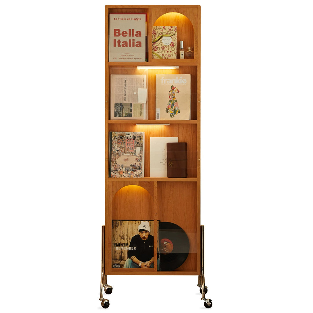 Scandinavian cherry wood shelf bookshelf with mirror seeker in white background.