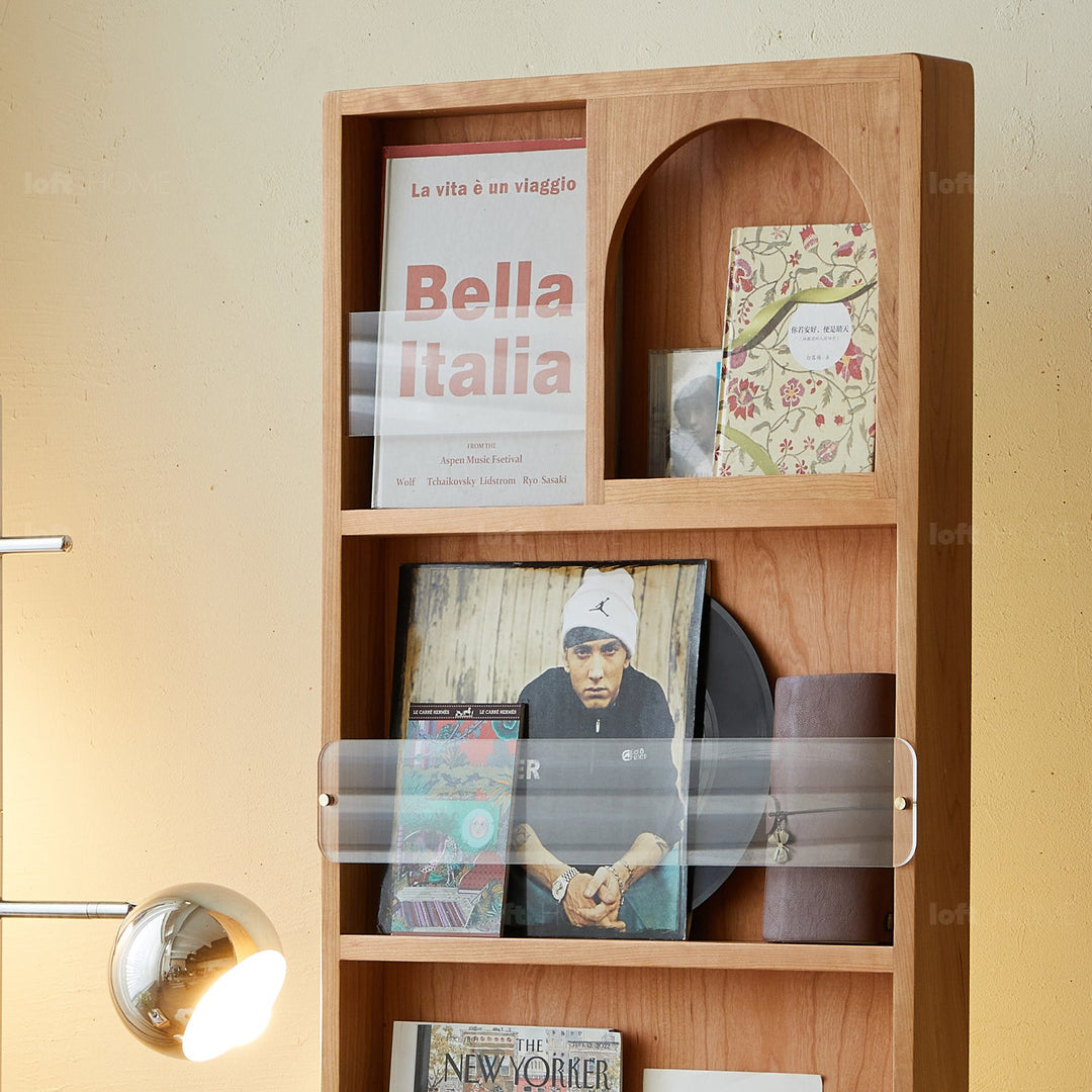 Scandinavian cherry wood shelf bookshelf with mirror seeker detail 7.