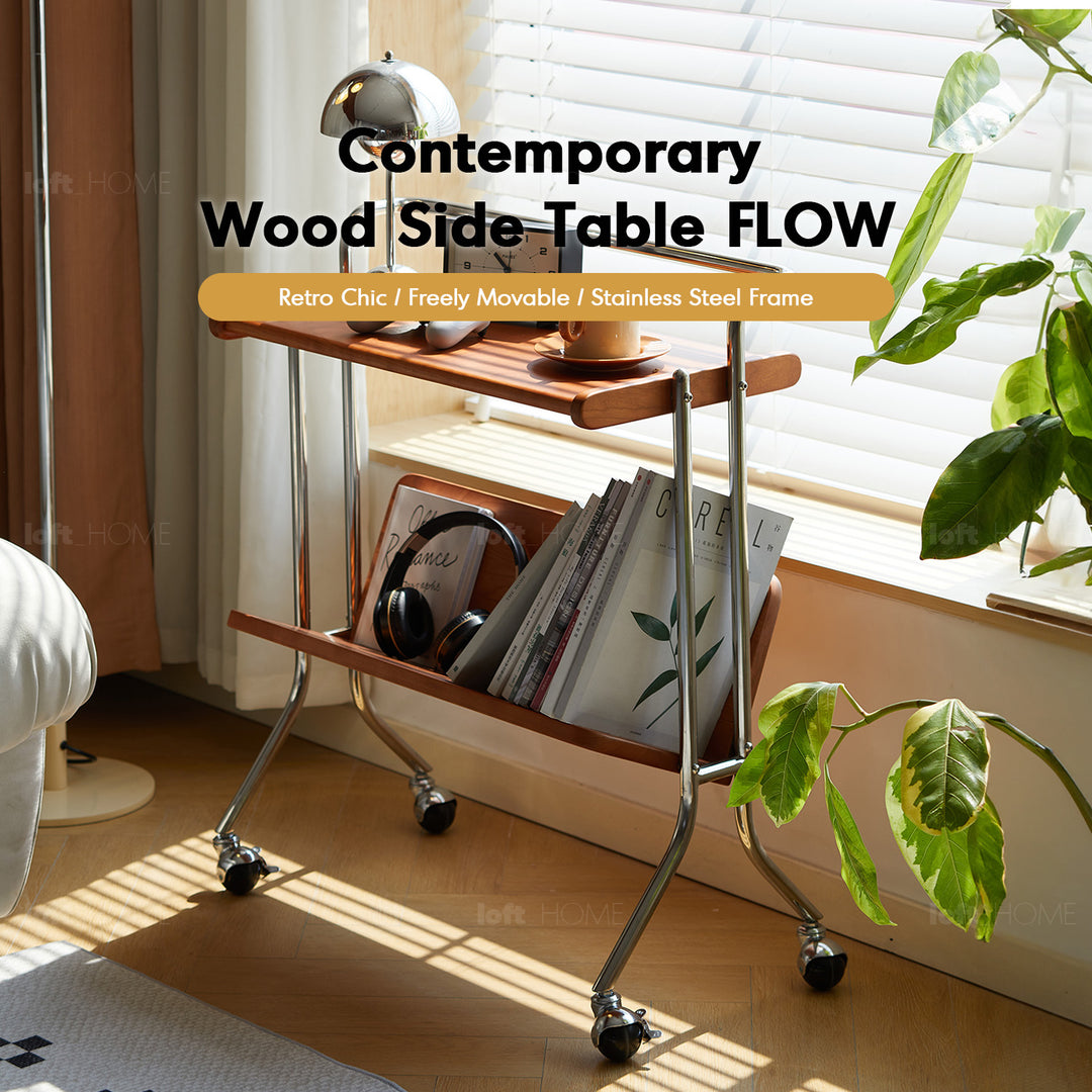 Scandinavian cherry wood side table flow in real life style.