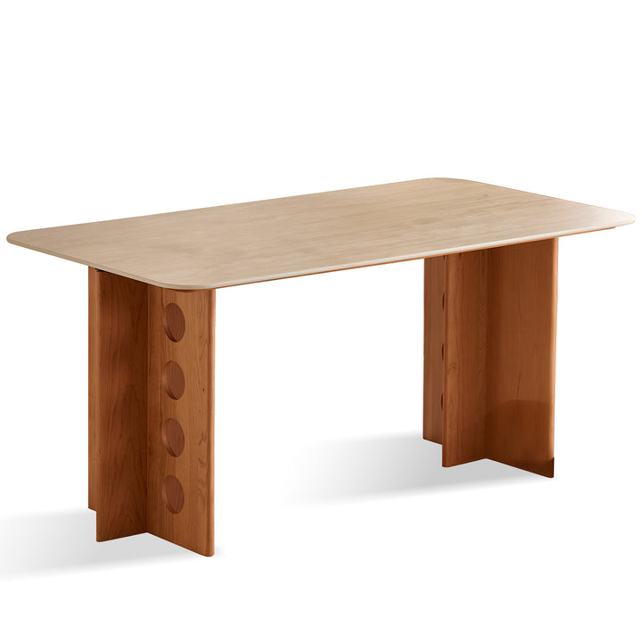 Scandinavian cherry wood sintered stone dining table timeless in white background.