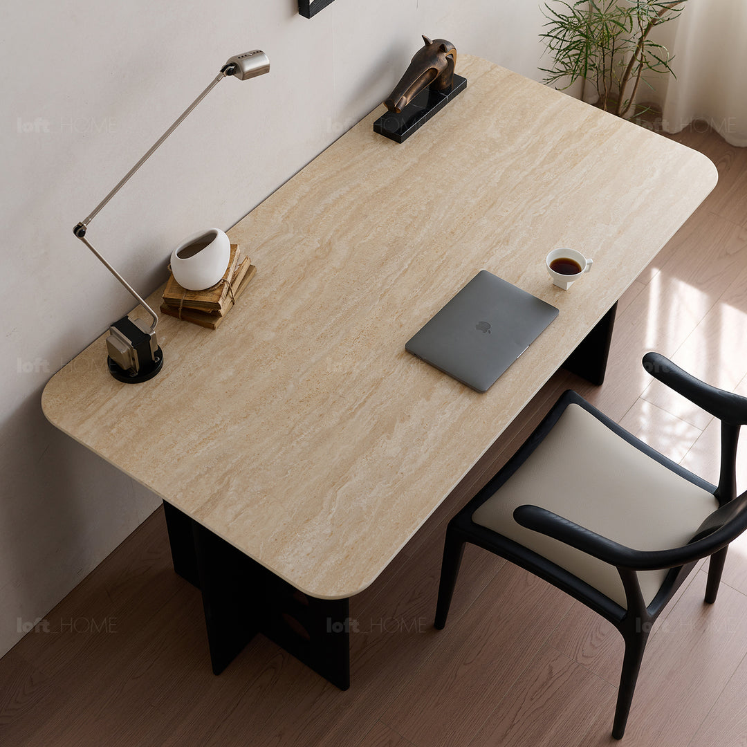 Scandinavian cherry wood sintered stone dining table timeless in panoramic view.