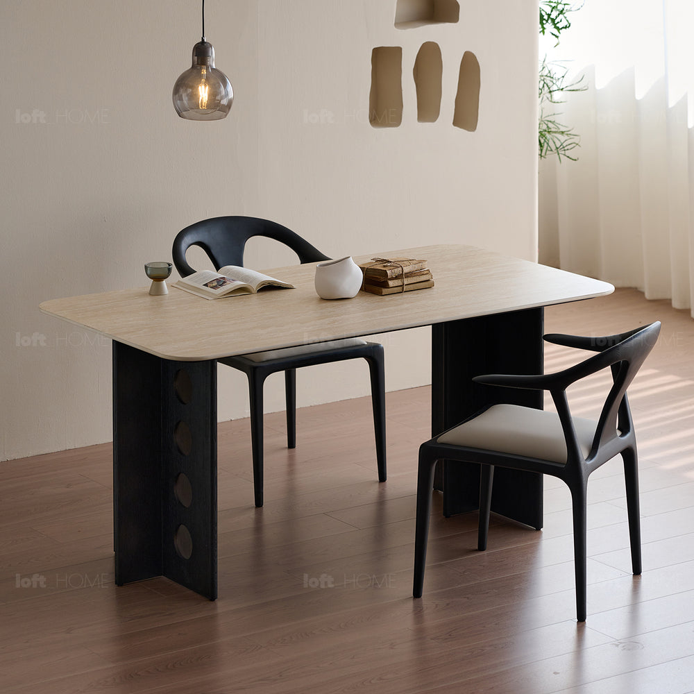 Scandinavian cherry wood sintered stone dining table timeless in still life.