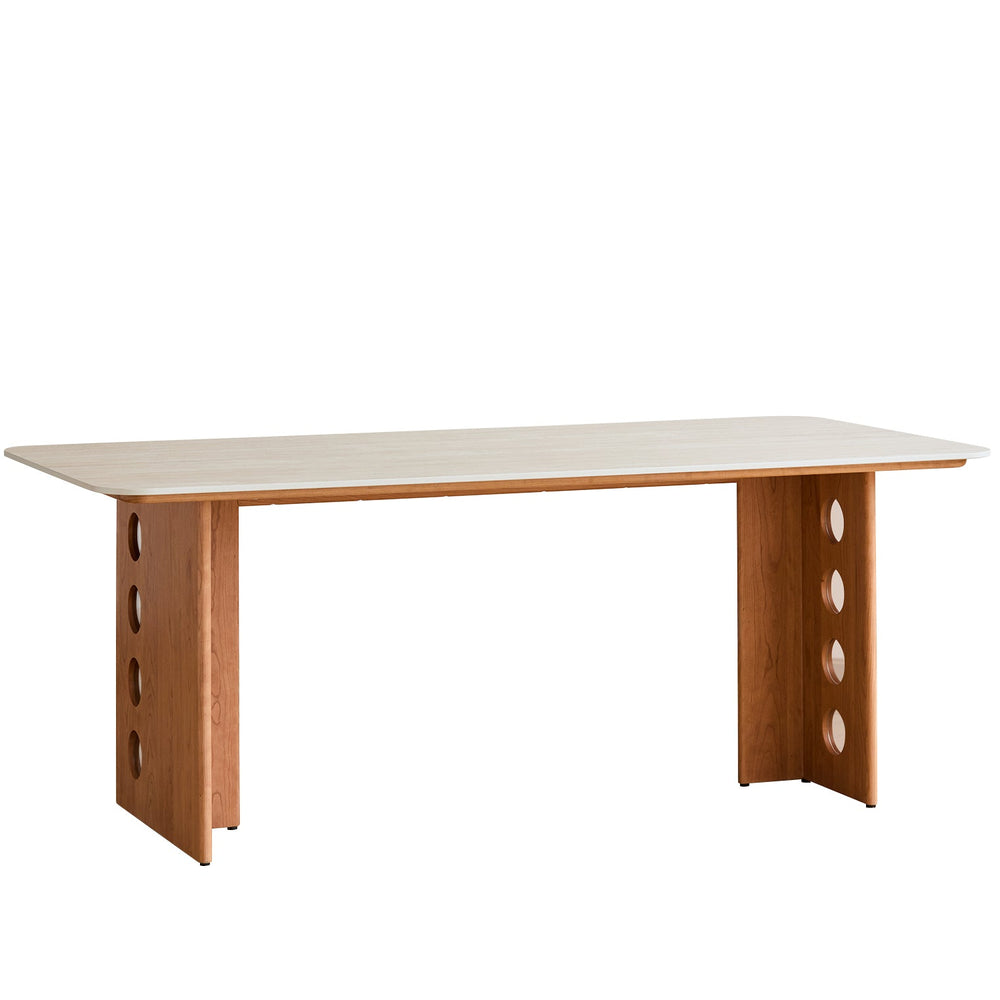 Scandinavian cherry wood sintered stone dining table timeless in white background.