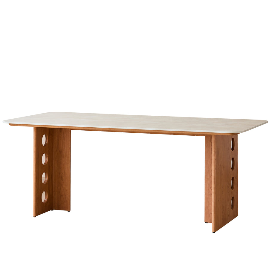 Scandinavian cherry wood sintered stone dining table timeless in white background.