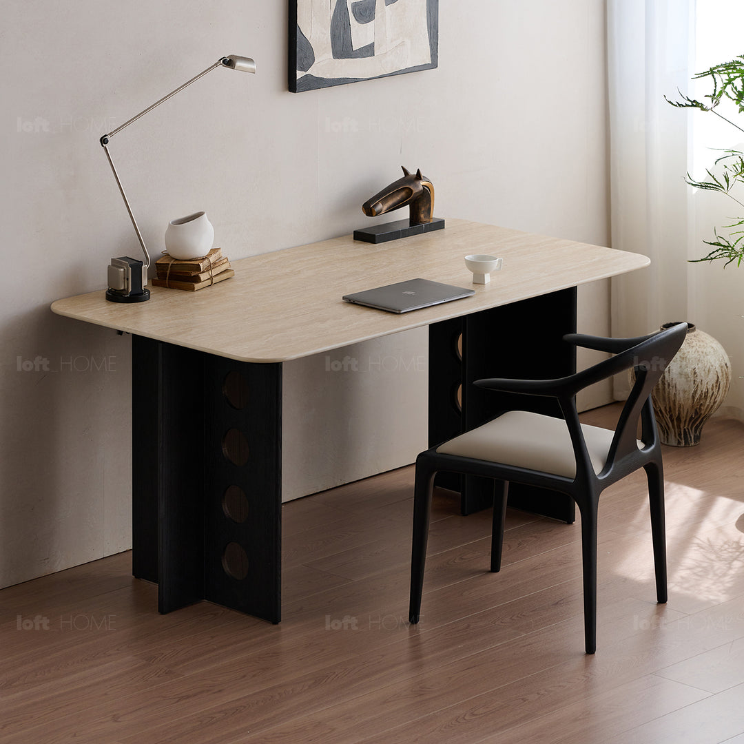 Scandinavian cherry wood sintered stone dining table timeless in close up details.