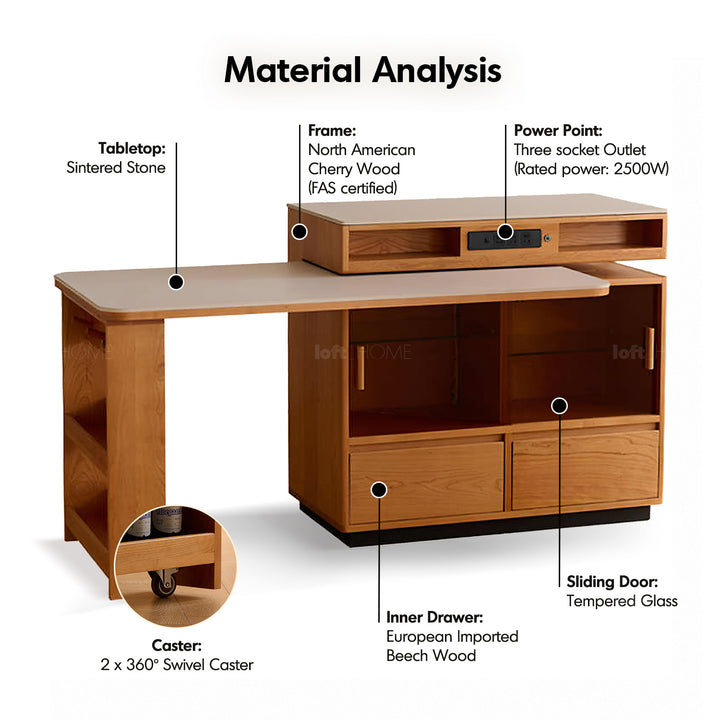 Scandinavian cherry wood sintered stone extendable island dining table with cabinet moonlight conceptual design.