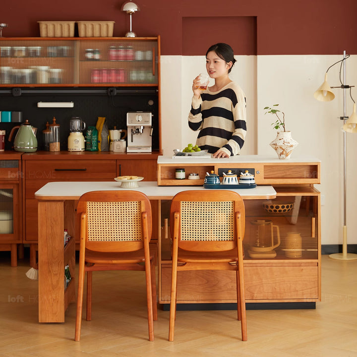 Scandinavian Cherry Wood Sintered Stone Extendable Island Dining Table With Cabinet MOONLIGHT