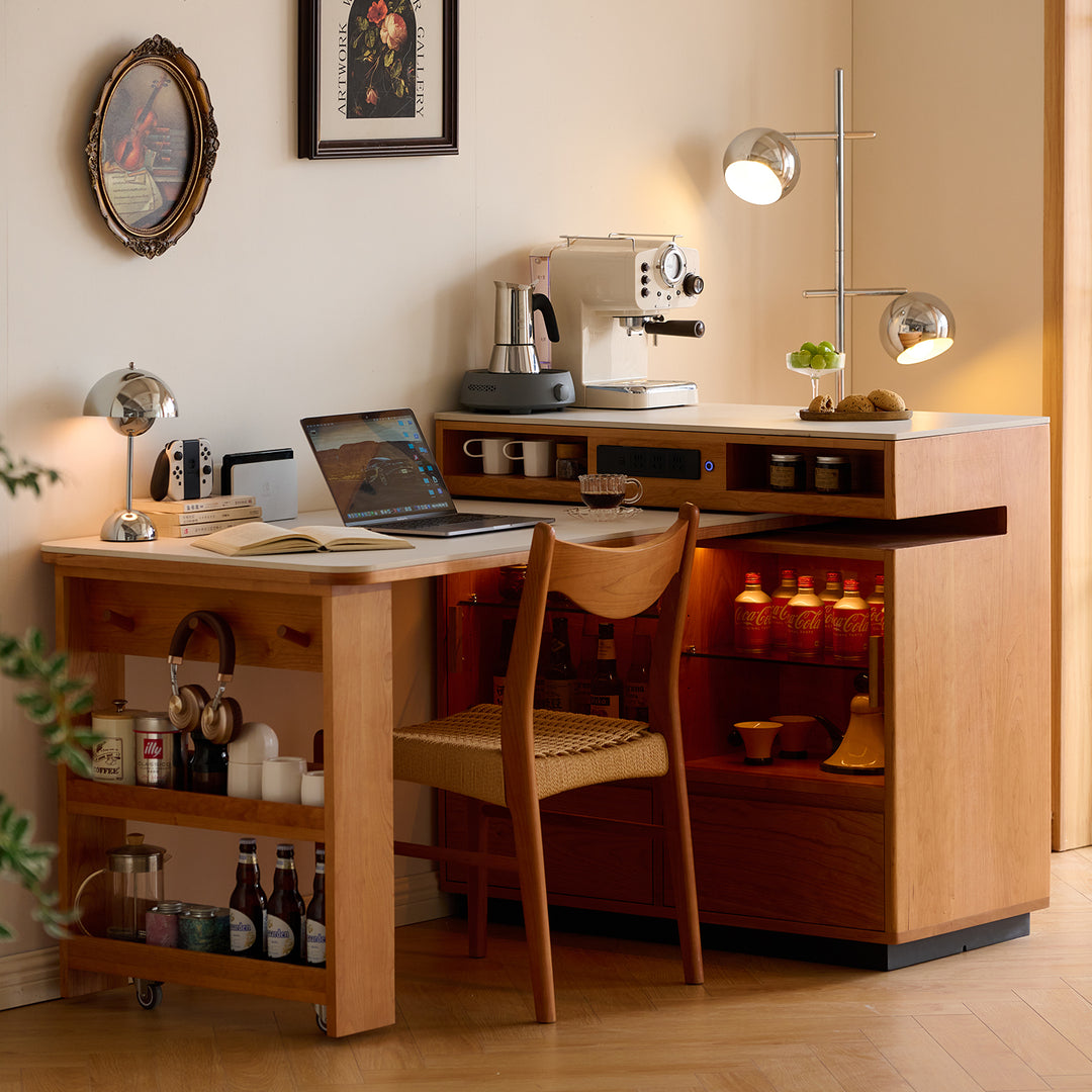 Scandinavian cherry wood sintered stone extendable island dining table with cabinet moonlight primary product view.