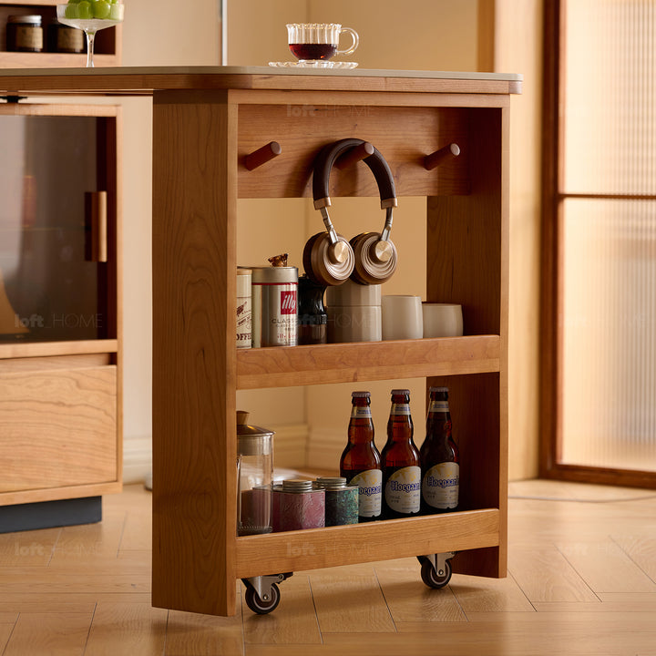 Scandinavian cherry wood sintered stone extendable island dining table with cabinet moonlight in details.