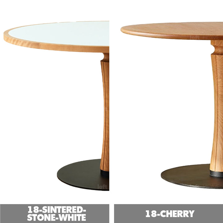 Scandinavian cherry wood sintered stone round dining table fusion color swatches.