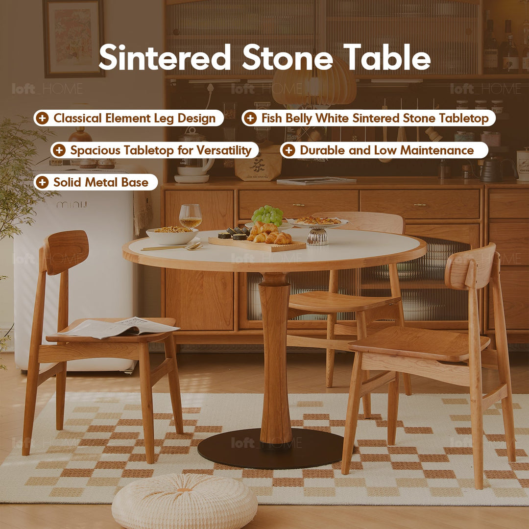 Scandinavian cherry wood sintered stone round dining table fusion in real life style.