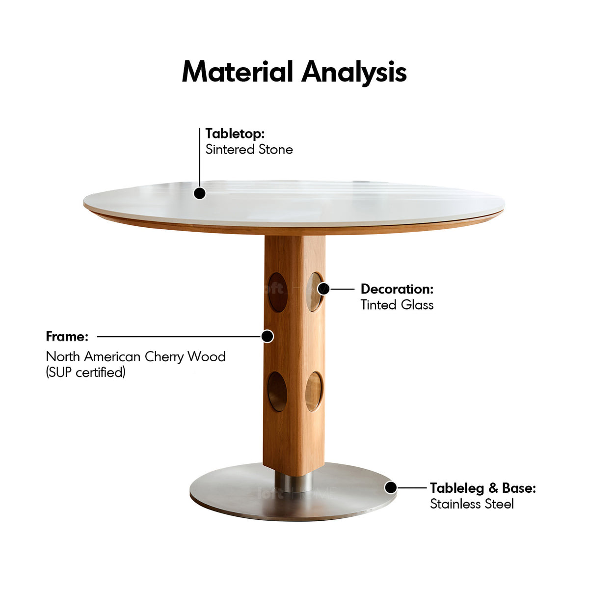 Scandinavian Cherry Wood Sintered Stone Round Dining Table TIMELESS Material Details Chart
