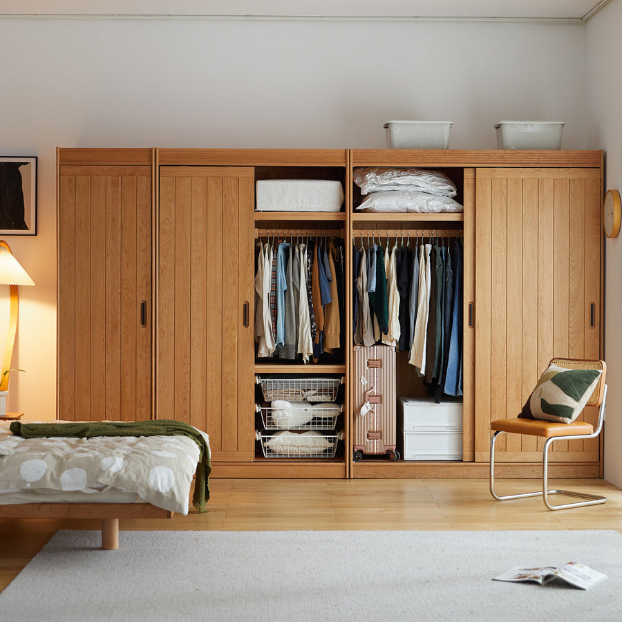 Scandinavian cherry wood sliding door wardrobe nava primary product view.