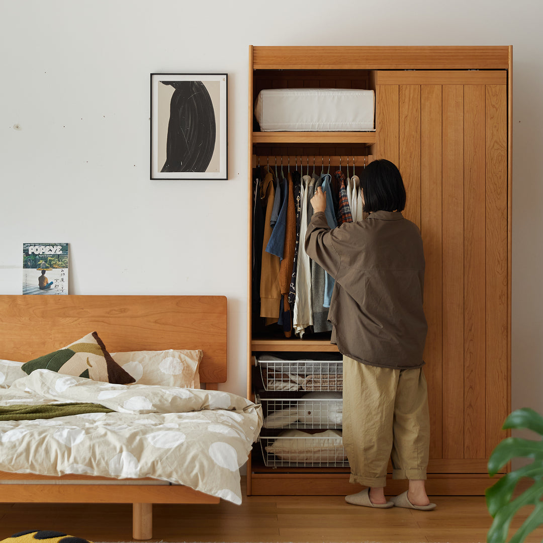 Scandinavian cherry wood sliding door wardrobe nava color swatches.