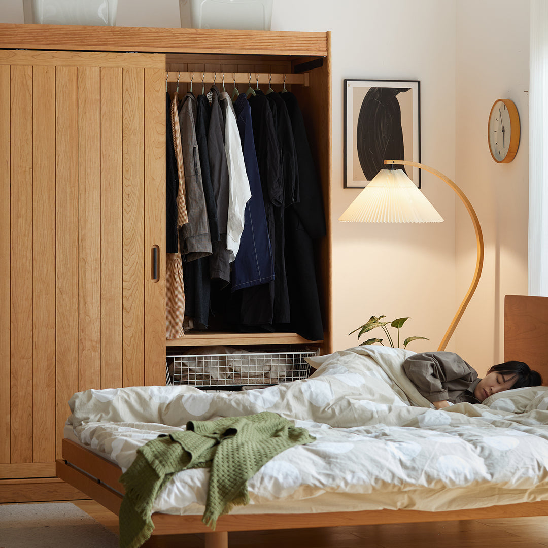 Scandinavian cherry wood sliding door wardrobe nava in details.