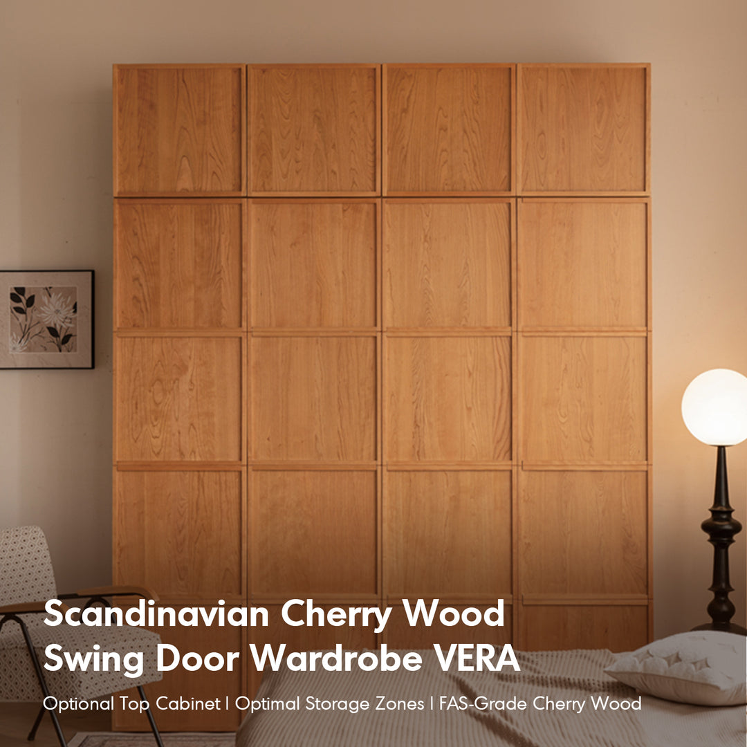 Scandinavian cherry wood swing door wardrobe vera in details.